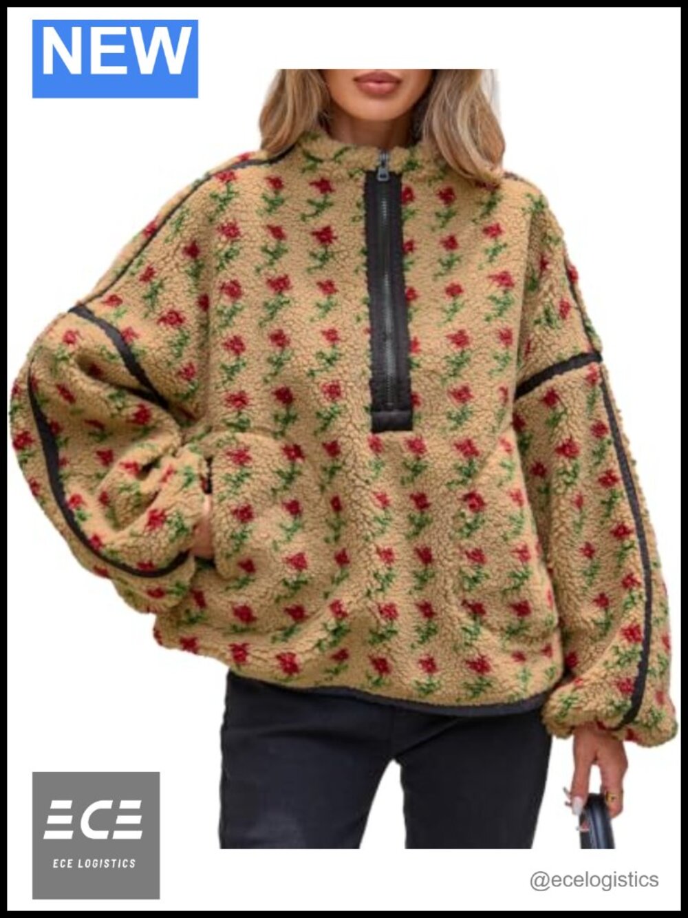 Sherpa Fleece Half Zip Pullover Floral 90s Y2K Womens Oversized